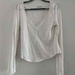Free People White Ribbed V-Neck Long Sleeve Top